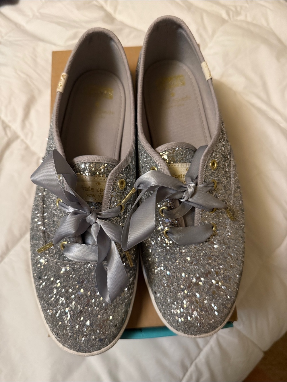 Keds Silver Glitter Satin Ribbon Lace-Up Sneakers